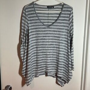 ANA A New Approach Womens Large Grey‎ Striped V-Neck Sharkbite Hem Long Sleeve